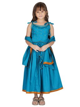 Akiso - Blue Spaghetti Strapped Lehenga with Dupatta (Set of 3)