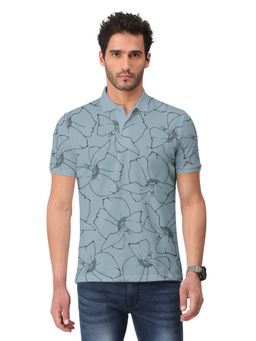 BULLMER - Men Bluish Grey Trendy Printed Half Sleeve Collar Neck T-Shirt