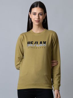 Club York - Womens Des Ert Green Full Sleeve Round Neck Chest Print Sweatshirt