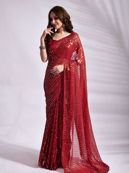Odette - Red Georgette Sequence Saree with Unstitched Blouse