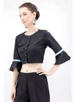 Tjori - Black Solid Cotton Bell Sleeves Stitched Blouse