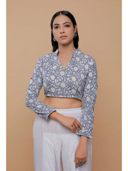 Tjori - Grey Floral Block Printed Cotton Stitched Blouse
