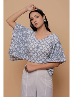 Tjori - Grey and White Floral Block Print Cotton Stitched Blouse