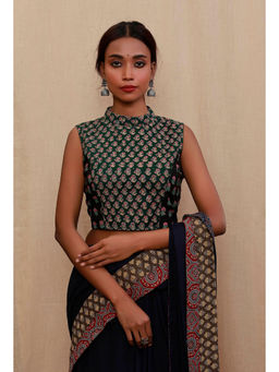 Tjori - Green and Black Floral Block Printed Cotton Stitched Blouse