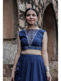 Tjori - Roshni Navy Blue Printed Embroidered Stitched Blouse