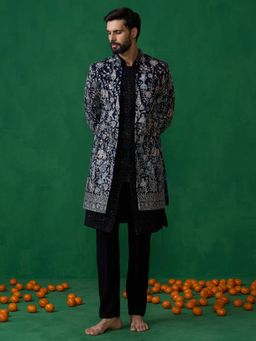 KALPRAAG - Navy Blue Georgette Sherwani Set