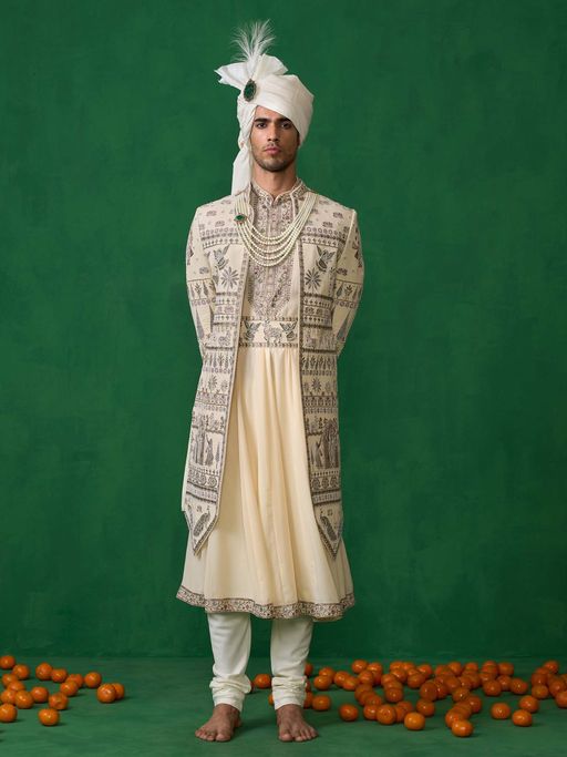 KALPRAAG Cream Georgette Sherwani Set