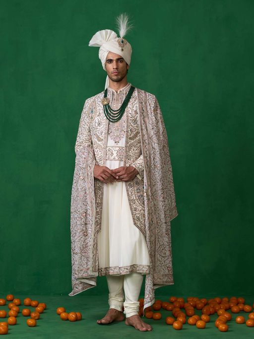 KALPRAAG Off White Georgette Sherwani Set