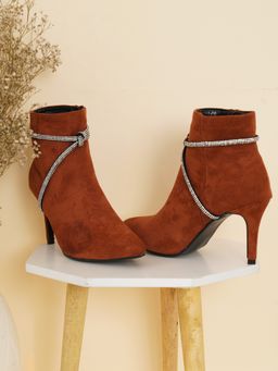 SHUZ TOUCH - Pencil Heels Embellished Ankle Boots - Brown