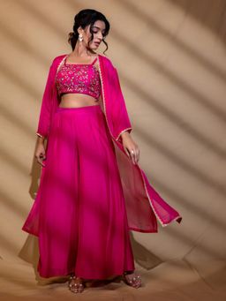 Harleen Kaur - Pink Hand Embroidered Crop Top with Palazzo and Jacket