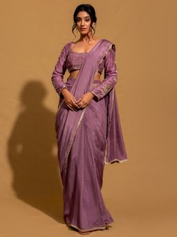 Harleen Kaur - Purple Chanderi Pre-Draped Saree with Stitched Blouse