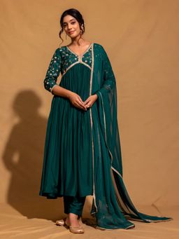 Harleen Kaur - Green Embroidered Anarkali with Pant and Dupatta