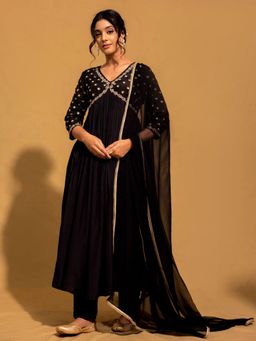 Harleen Kaur - Black Embroidered Anarkali with Pant and Dupatta