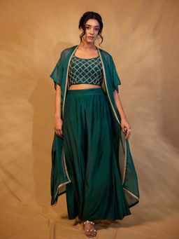 Harleen Kaur - Green Embroidered Crop Top with Palazzo and Jacket