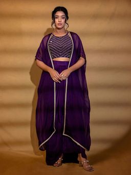Harleen Kaur - Purple Embroidered Crop Top with Skirt and Cape