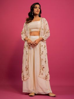 Harleen Kaur - Off White Embroidered Crop Top with Palazzo and Jacket