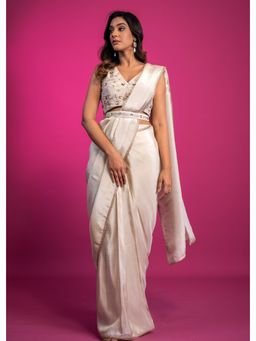 Harleen Kaur - Off White Tissue Pre-Draped Saree with Stitched Blouse and Belt