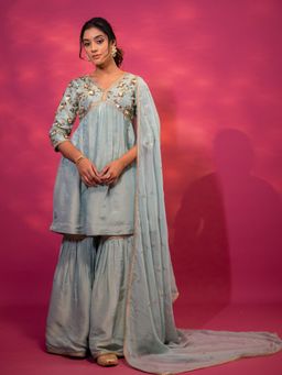 Harleen Kaur - Sky Blue Embroidered Sharara with Kurti and Dupatta