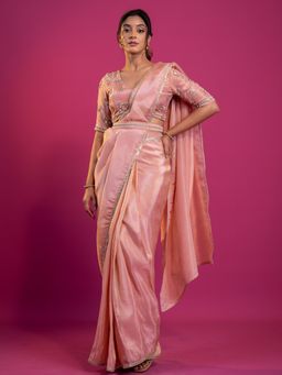 Harleen Kaur - Pink Tissue Pre-Draped Saree with Stitched Blouse and Belt