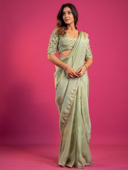 Harleen Kaur - Green Tissue Pre-Draped Saree with Stitched Blouse