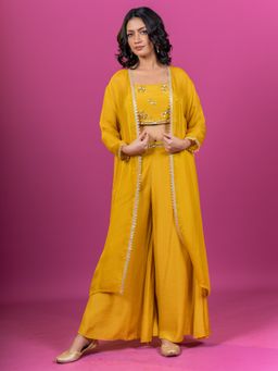 Harleen Kaur - Yellow Embroidered Crop Top with Palazzo and Jacket