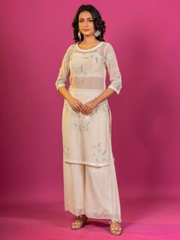 Harleen Kaur - Off White Embroidered Kurta with Palazzo and Crop Top