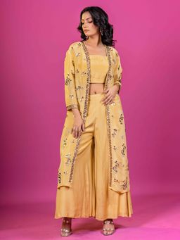 Harleen Kaur - Yellow Floral Crop Top with Palazzo and Jacket