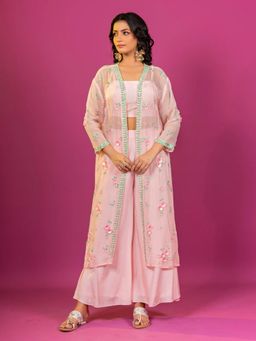 Harleen Kaur - Pink Embroidered Crop Top with Palazzo and Jacket
