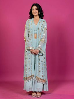 Harleen Kaur - Mint Blue Crop Top with Palazzo and Jacket