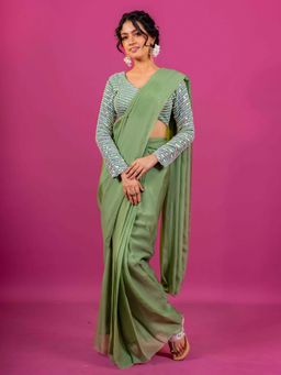 Harleen Kaur - Green Pre-Draped Saree with Stitched Blouse