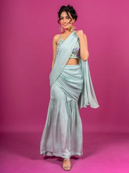 Harleen Kaur - Sky Blue Pre-Draped Saree with Stitched Blouse