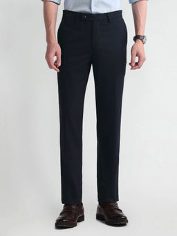 Arrow - Mens Navy Blue Mid Rise Flat Front Formal Trousers