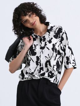 SHOWOFFFF - Women White Cotton Blend Printed Shirt