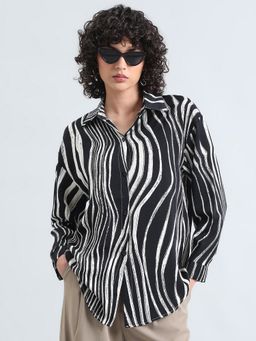 SHOWOFF - Women Black Cotton Blend Stripes Shirt
