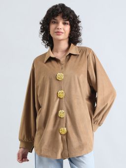 SHOWOFF - Women Brown Velvet Solid Shirt with 4 Brooches