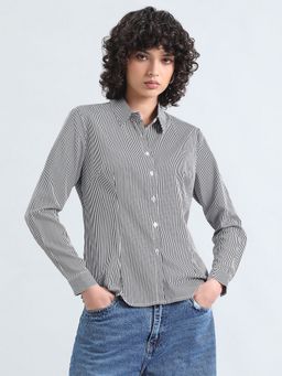 SHOWOFF - Women Grey Cotton Stripes Shirt
