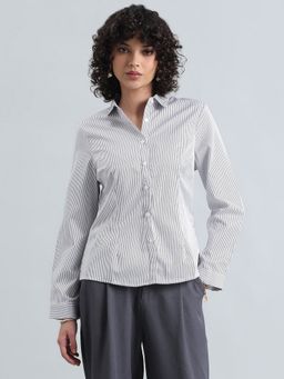SHOWOFF - Women Grey Cotton Stripes Shirt