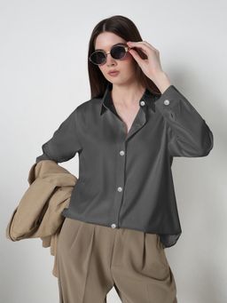 SHOWOFF - Women Grey Cotton Blend Solid Shirt
