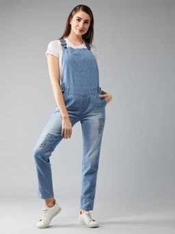DOLCE CRUDO - Womens Blue Mid Rise Ripped Denim Dungaree