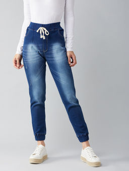 DOLCE CRUDO - Womens Blue Mid Rise Scraped Denim Stretchable Joggers