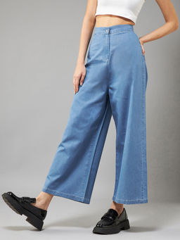 DOLCE CRUDO - Womens Blue Flared Wide-Leg High Rise Non Stretchable Denim Pant