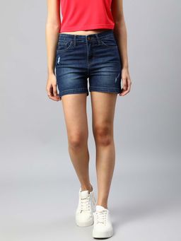 Xpose - Women Navy Blue High Rise Denim Shorts