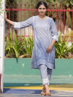 Zuri - Blue Grey Hand Embroidered Cotton Kurta