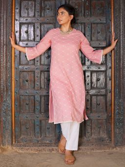 Zuri - Pink Embroidered Round Neck Cotton Kurta