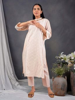 Zuri - Peach Multicolor Embroidered Cotton Striped Kurta