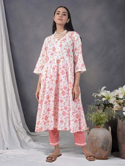 Zuri - White and Pink Printed Cotton Anarkali