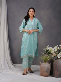 Zuri - Firozi Embroidered Cotton Dobby Kurta