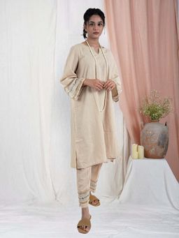 Zuri - Beige colorful Hand Embroidered Cotton Kurta