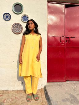 Zuri - Yellow Embroidered Sleeveless Cotton Kurta