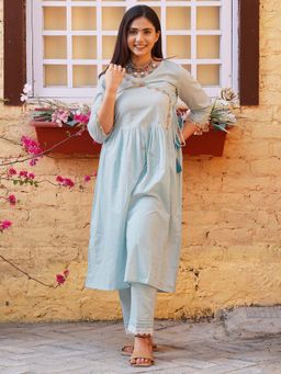 Zuri - Sea Green colorful Embroidered Cotton Angrakha Kurta
